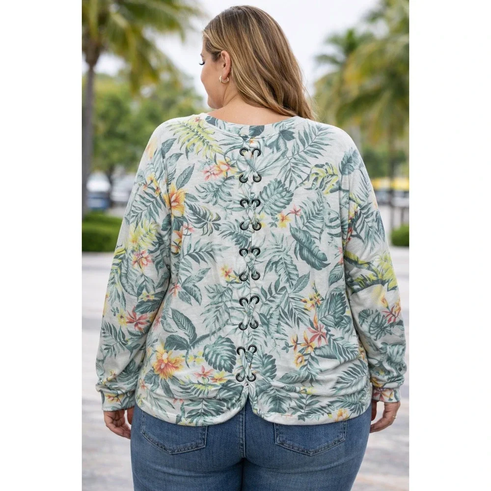 The Sweatshirt Project Tropical Palm Floral Lace Up Back Top 1X NWT - Picture 2 of 6